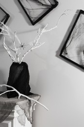 Black frames with cobweb on white wall and branches in vase decorated for Halloween indoors