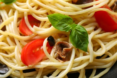 Photo of Delicious pasta with anchovies, tomatoes and basil as background, closeup