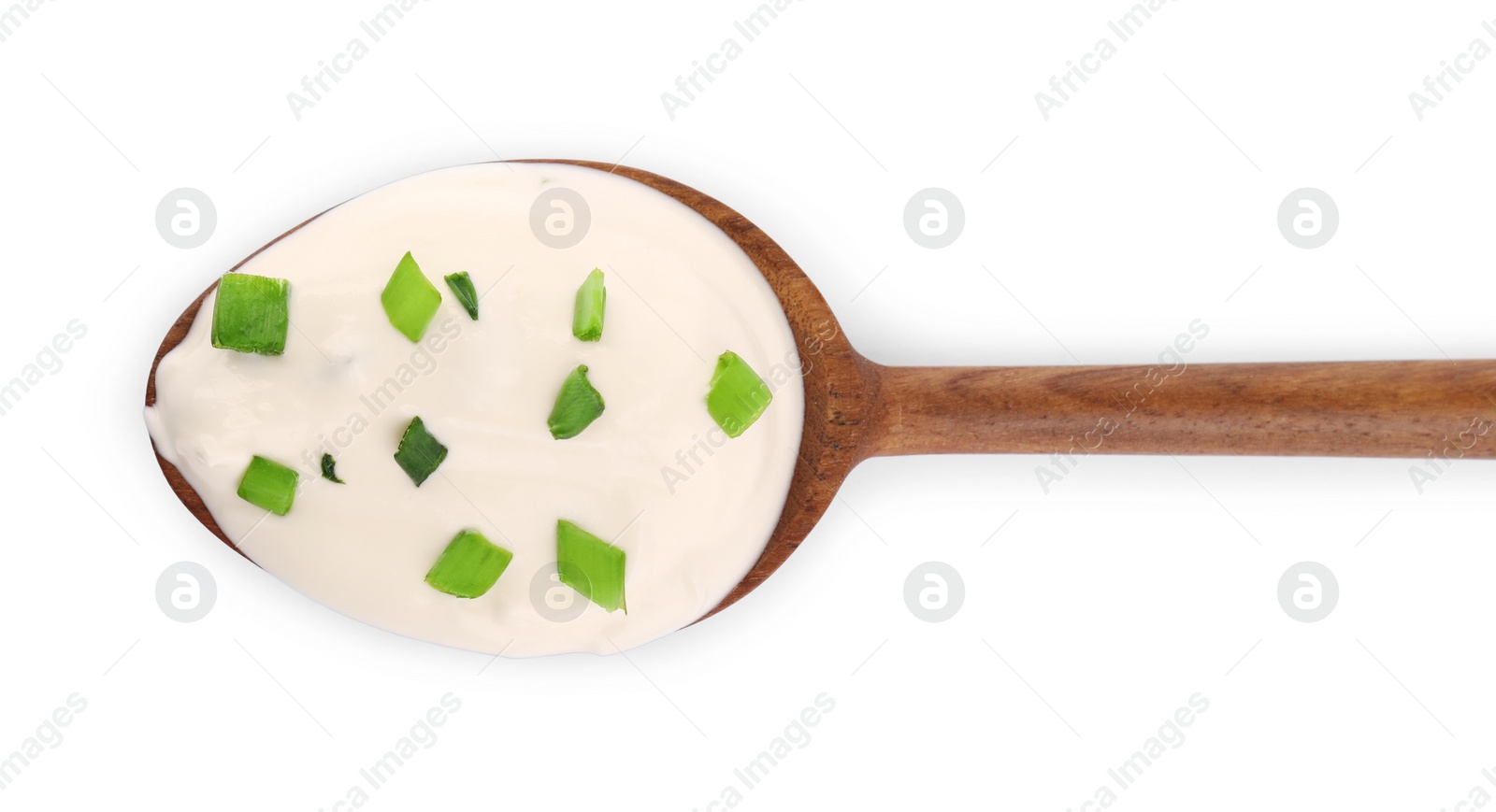 Photo of Fresh sour cream with onion on white background, top view