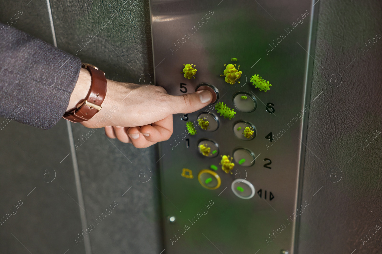 Image of Man press button in elevator with germs, closeup