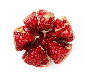 Cut fresh pomegranate isolated on white, top view