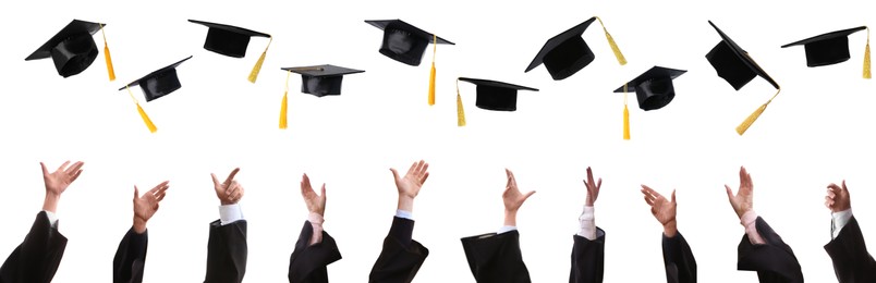 Image of Group of graduates throwing hats against white background, closeup. Banner design
