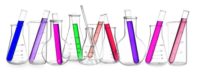 Image of Set of different laboratory glassware isolated on white