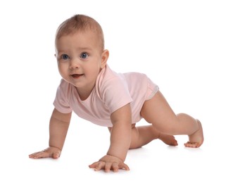 Photo of Cute little baby girl crawling on white background