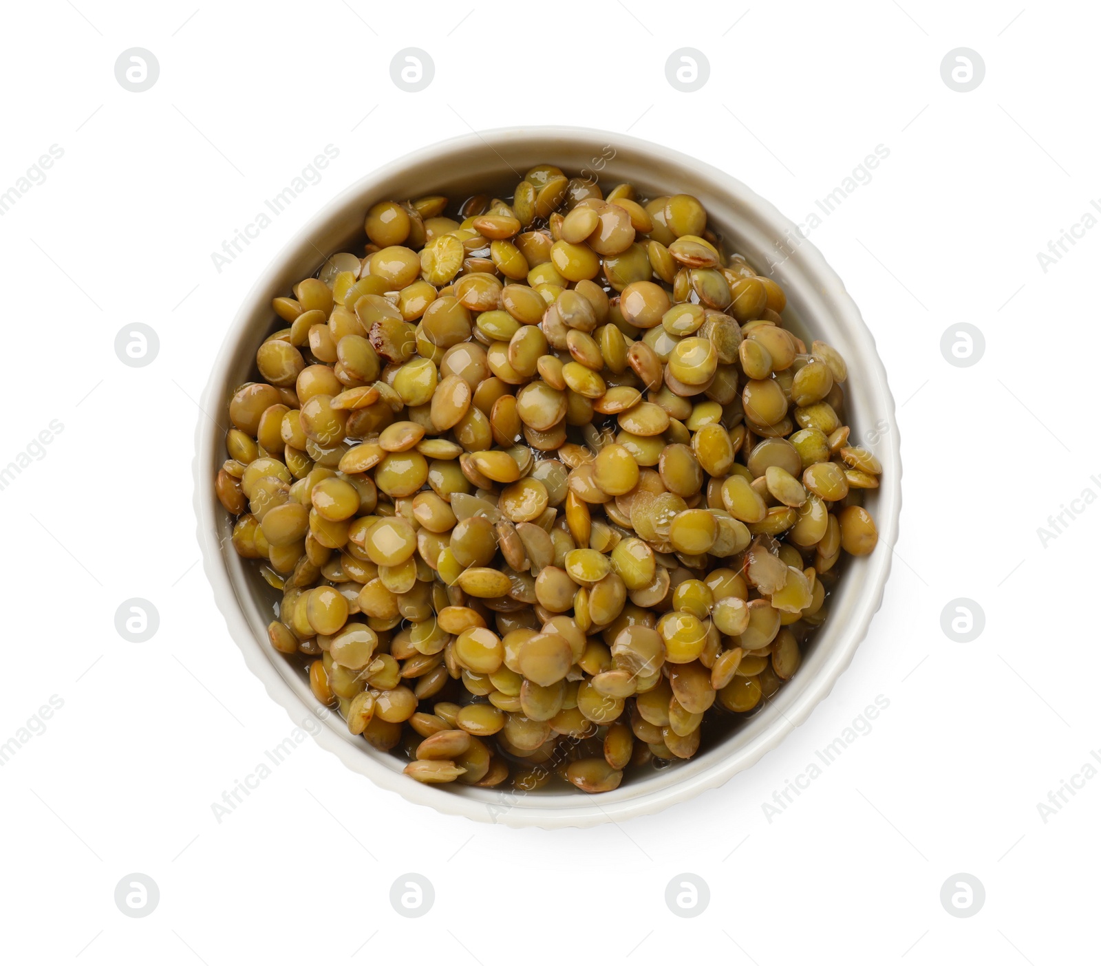 Photo of Delicious lentils in bowl isolated on white, top view