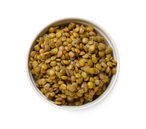 Photo of Delicious lentils in bowl isolated on white, top view