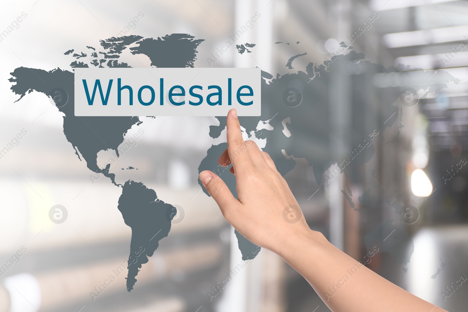 Image of Woman clicking Wholesale button and world map with blurred view of warehouse on background 