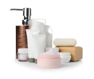 Photo of Different body care products on white background