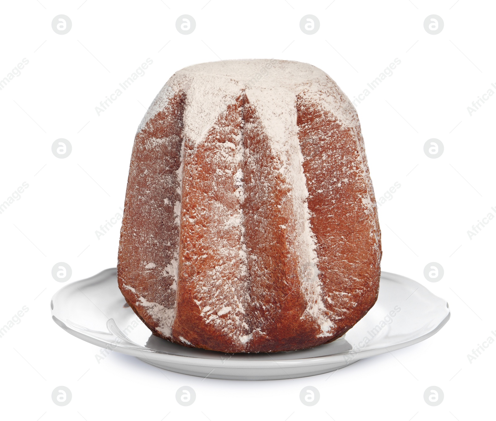 Photo of Traditional Italian pastry. Delicious Pandoro cake decorated with powdered sugar isolated on white