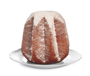 Photo of Traditional Italian pastry. Delicious Pandoro cake decorated with powdered sugar isolated on white