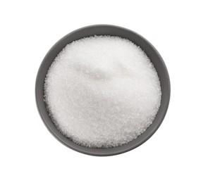 Photo of Bowl of granulated sugar isolated on white, top view