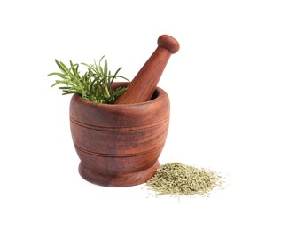 Photo of Mortar with fresh and dry rosemary isolated on white