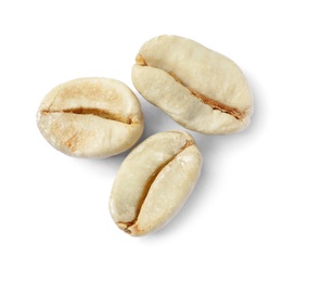 Photo of Green coffee beans on white background, top view