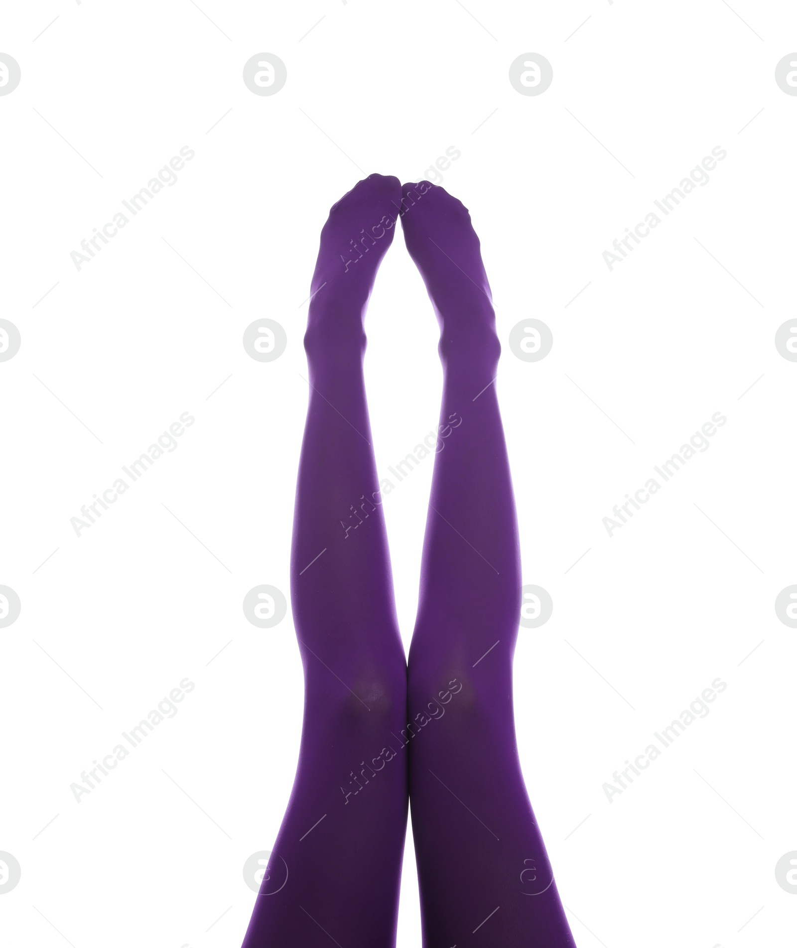 Photo of Woman wearing purple tights on white background, closeup of legs