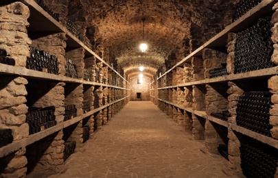 Photo of Wine cellar interior with many bottles on shelves