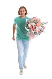 Photo of Young handsome man with beautiful flower bouquet on white background