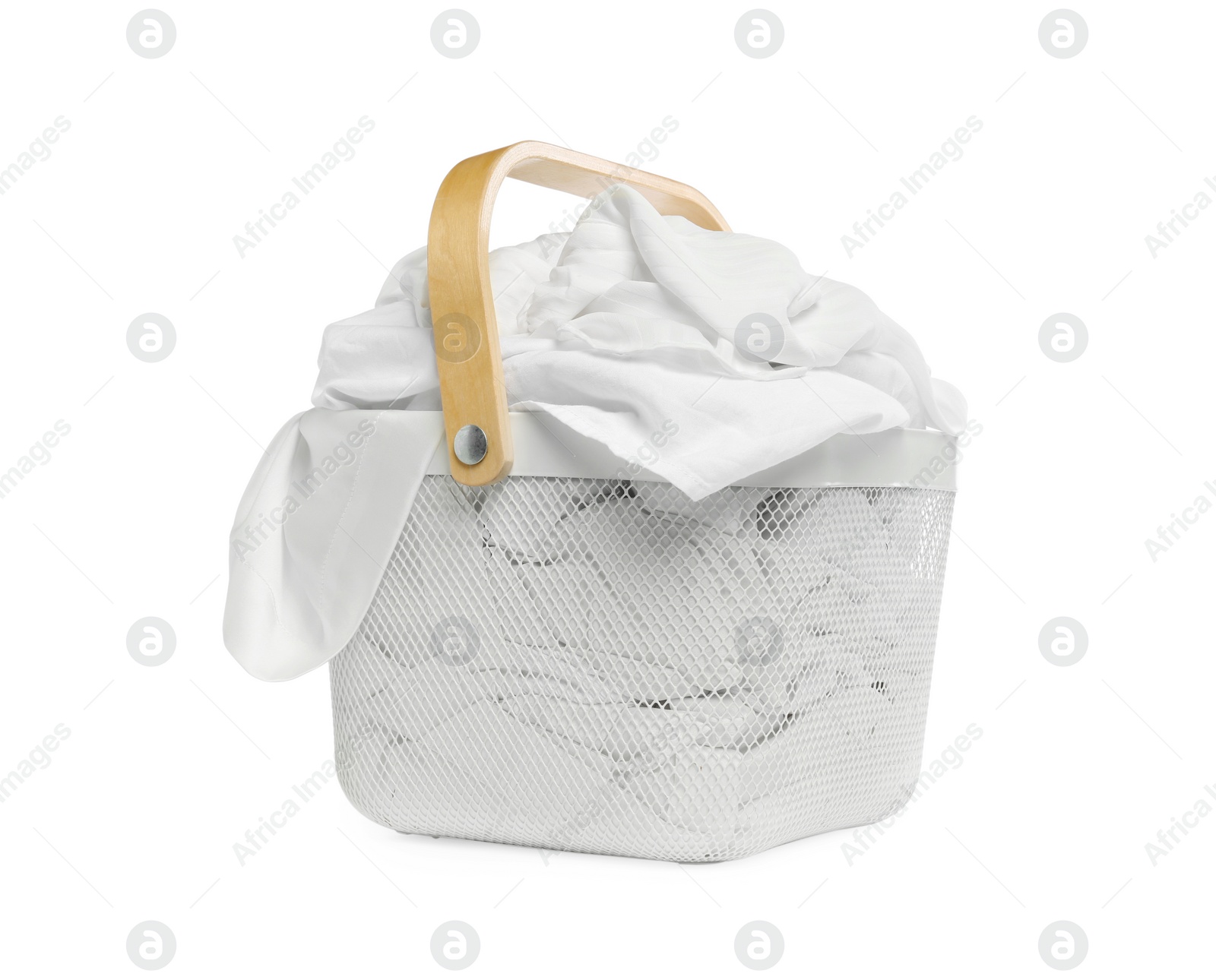 Photo of Laundry basket with clothes isolated on white