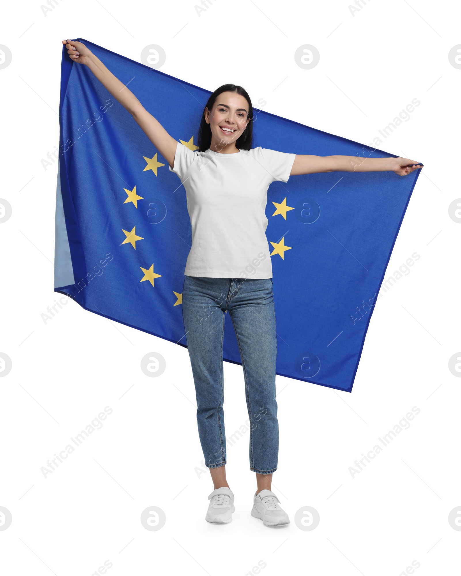 Photo of Woman holding European Union flag on white background