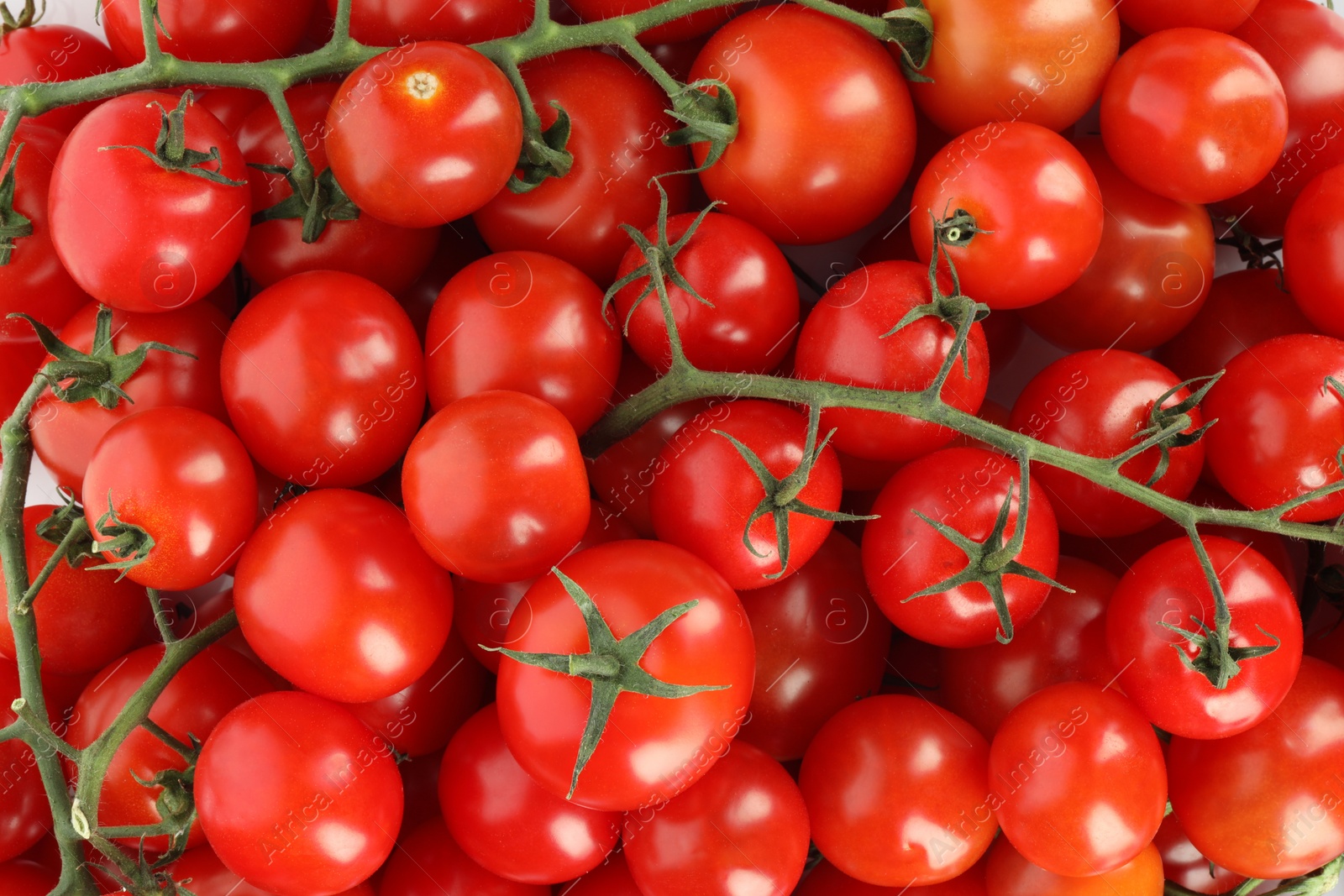 Photo of Many fresh ripe cherry tomatoes as background, top view