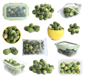 Image of Set of frozen Brussels sprouts on white background. Vegetable preservation