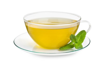 Fresh green tea in glass cup, mint and saucer isolated on white