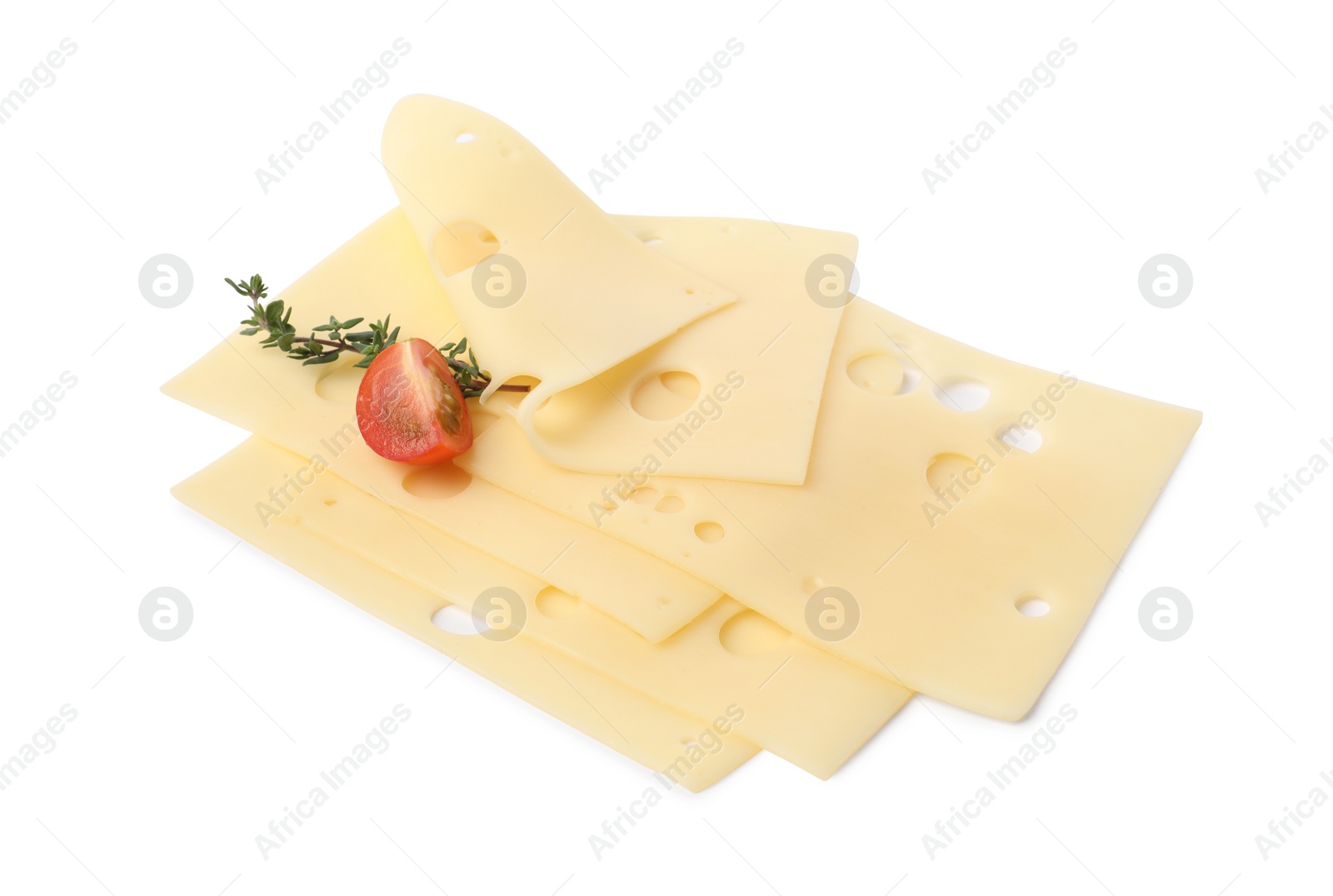 Photo of Slices of tasty fresh cheese, thyme and tomato isolated on white