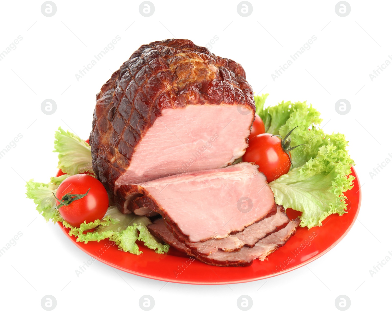 Photo of Plate with delicious ham, lettuce and tomatoes isolated on white