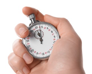 Photo of Woman holding vintage timer on white background, closeup