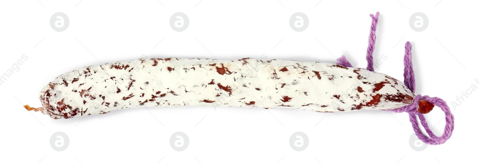 Photo of Whole delicious fuet sausage isolated on white, top view