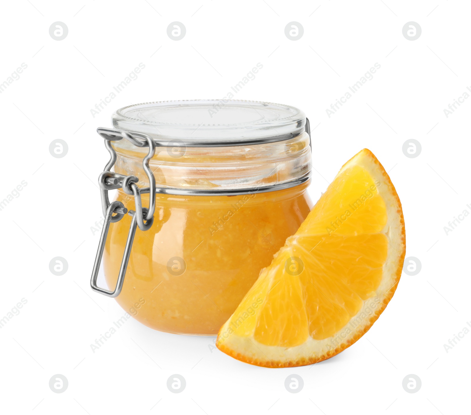 Photo of Delicious orange marmalade in glass jar and citrus fruit slice on white background