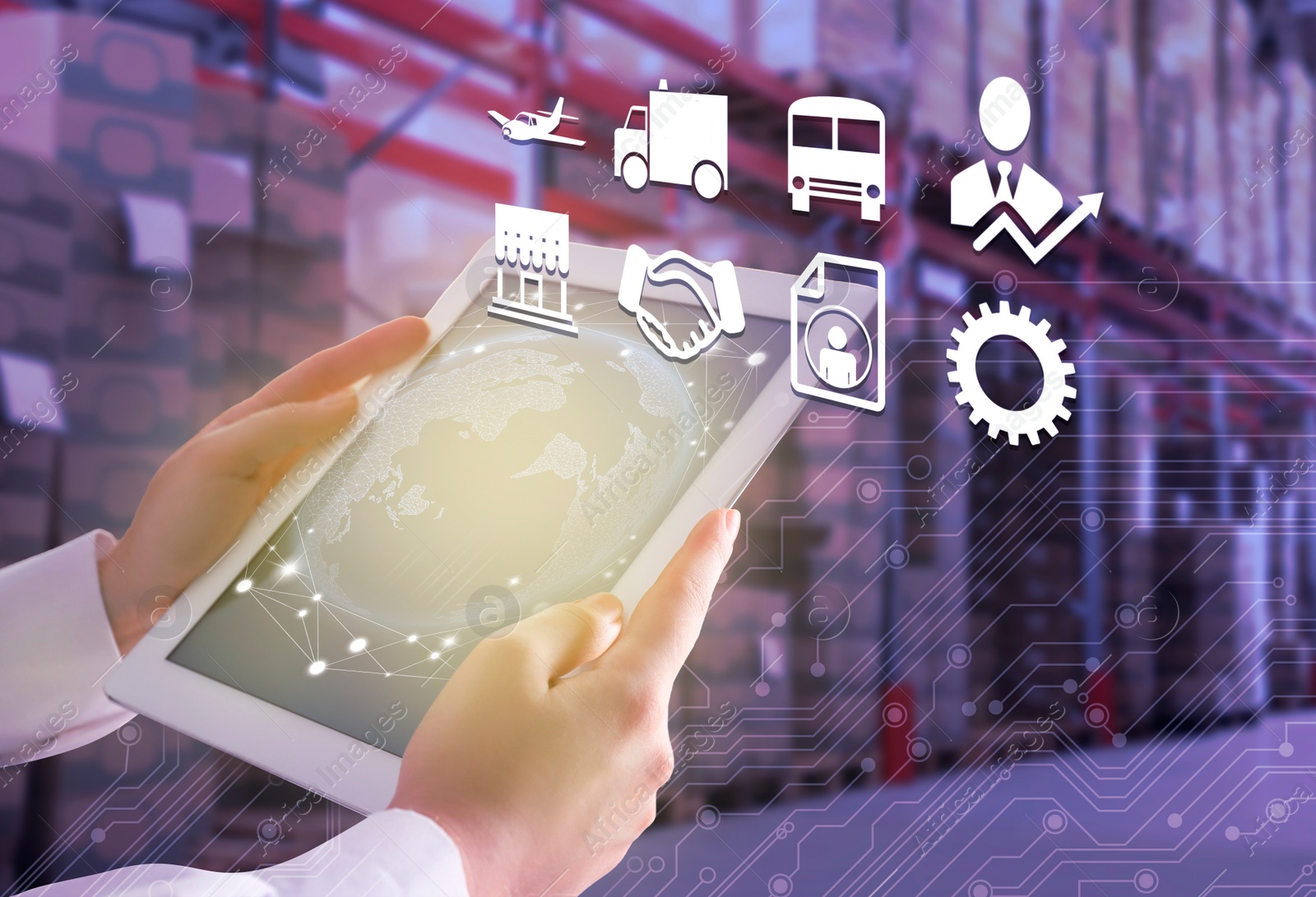 Image of Wholesale and logistics concept. Closeup view of woman with modern tablet and different virtual icons in warehouse