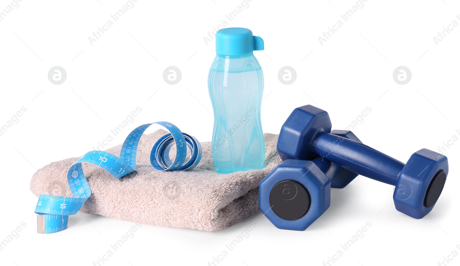 Photo of Dumbbells, water bottle, towel and measuring tape isolated on white