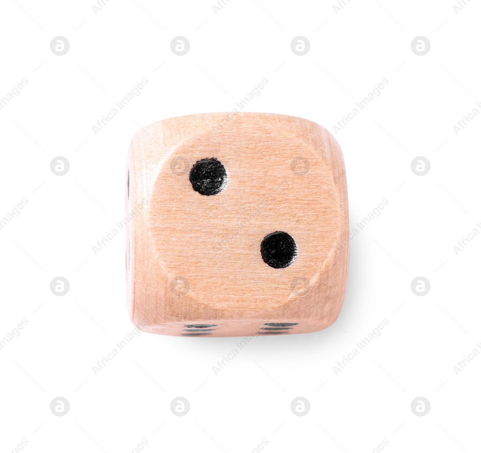 Photo of One wooden game dice isolated on white, top view