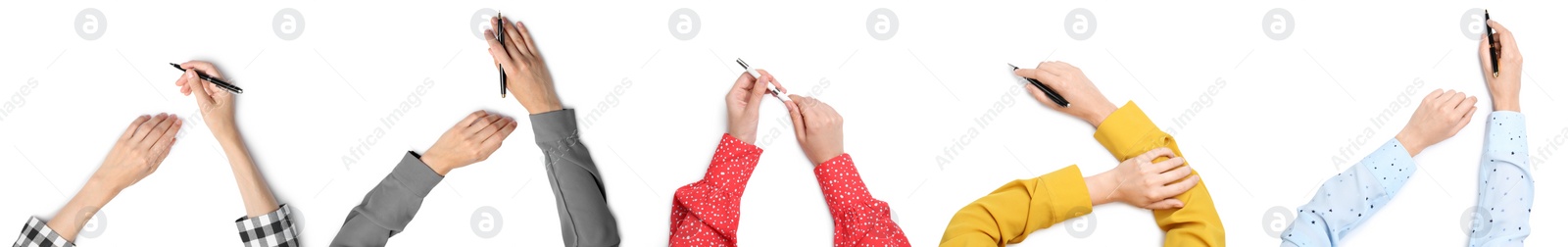 Image of Collage with photos of women holding pens on white background. Banner design