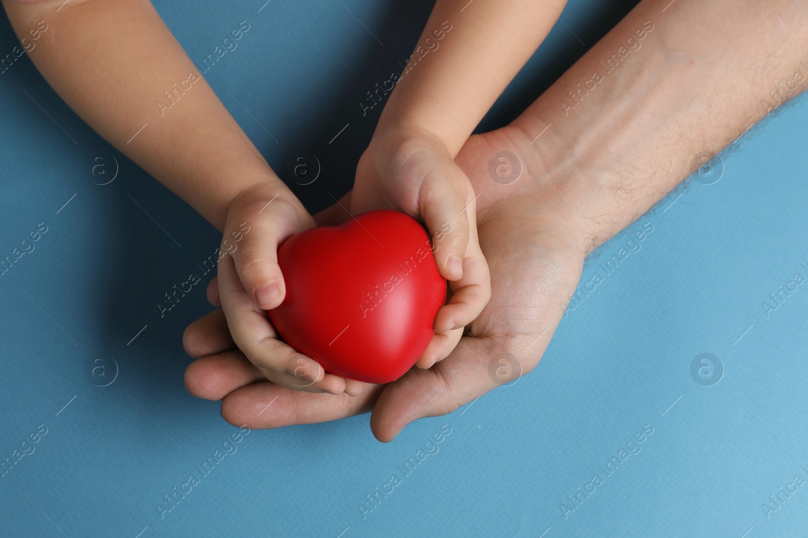 Photo of Father and his child holding red decorative heart on light blue background, top view