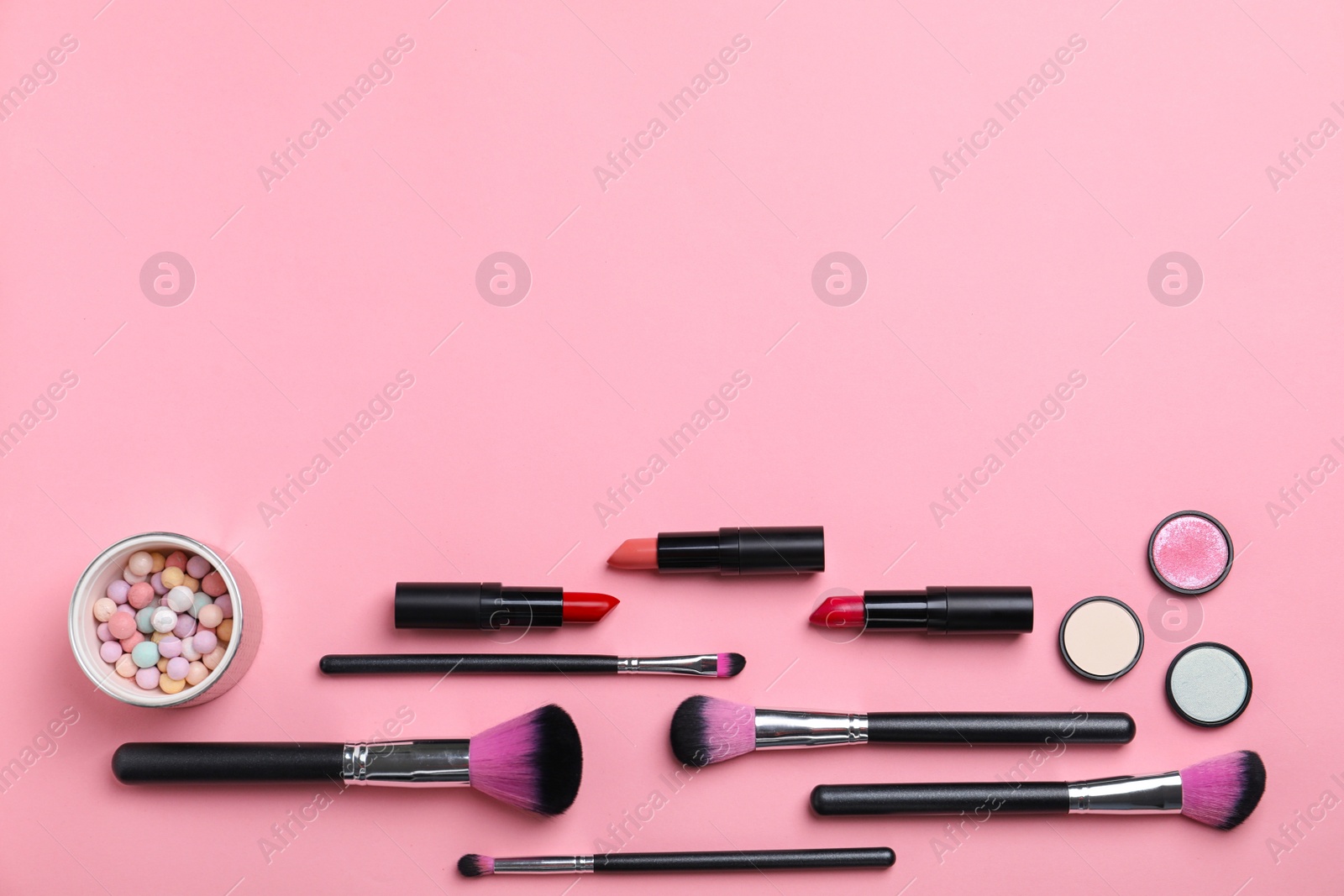 Photo of Flat lay composition with cosmetic products on color background