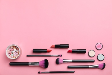 Photo of Flat lay composition with cosmetic products on color background