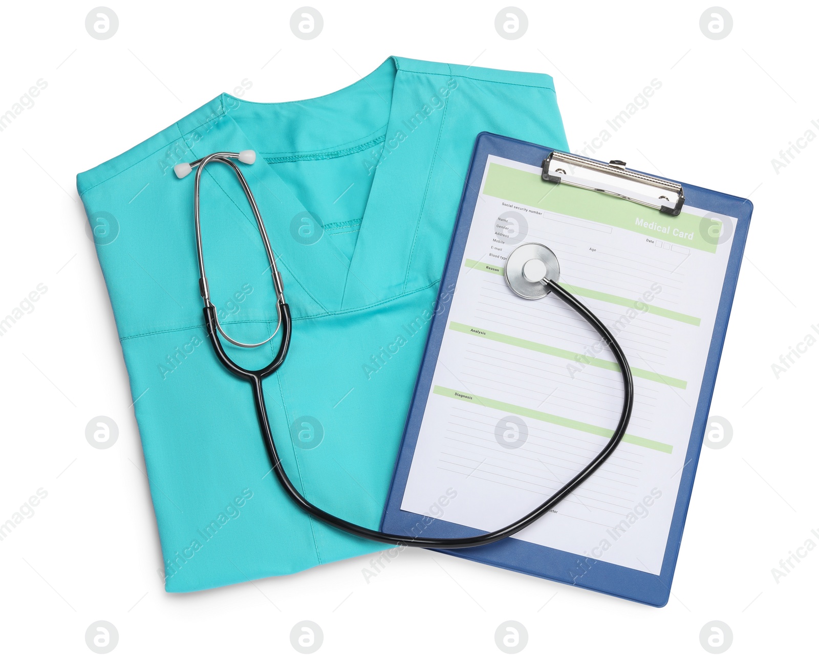 Photo of Medical uniform, stethoscope and clipboard on white background, top view