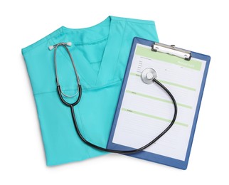 Photo of Medical uniform, stethoscope and clipboard on white background, top view