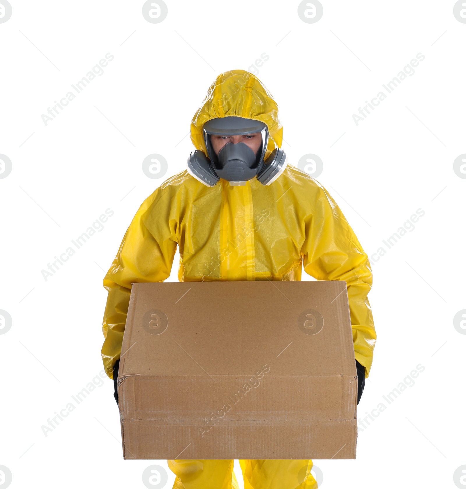 Photo of Man wearing chemical protective suit with cardboard box on white background. Prevention of virus spread