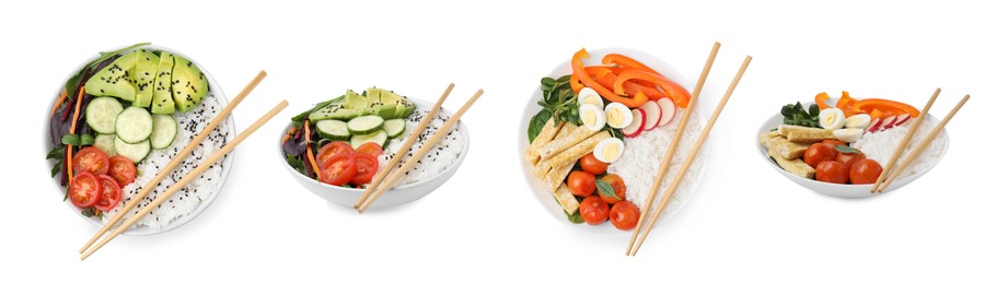 Collage of different poke bowls isolated on white, top and side views