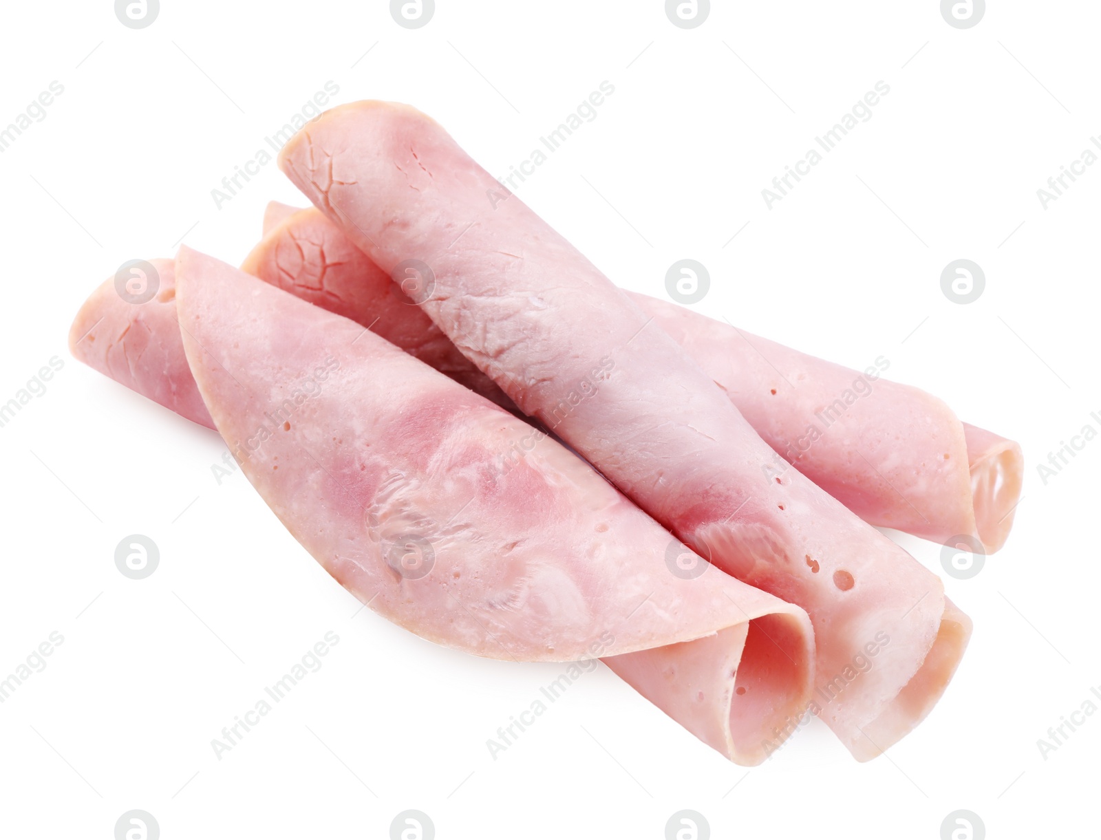 Photo of Rolled slices of tasty ham isolated on white