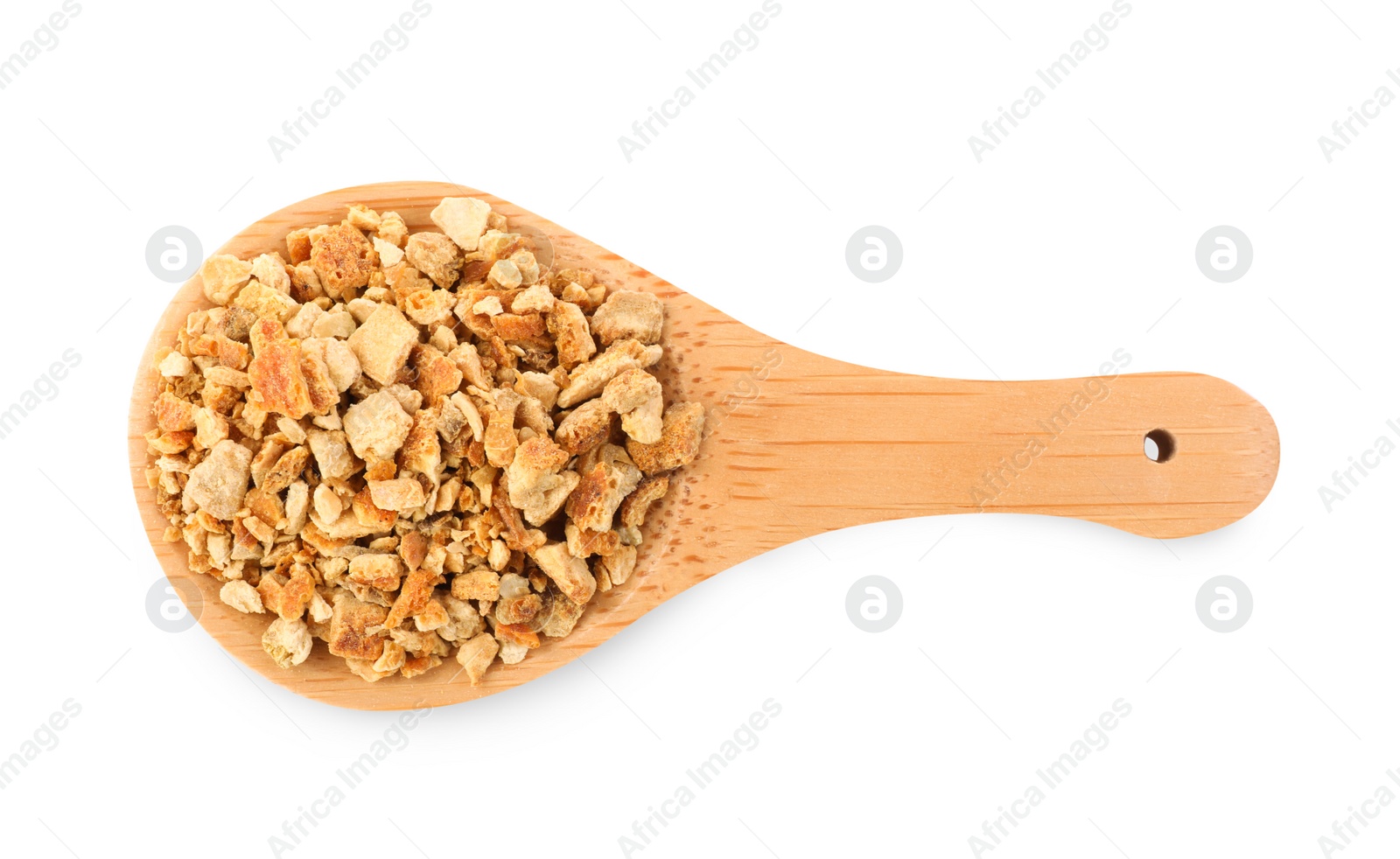 Photo of Spoon with dried orange zest seasoning isolated on white, top view