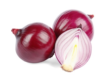 Photo of Fresh whole and cut red onions on white background