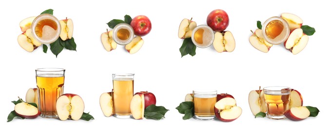 Image of Collage with tasty apple cider and fresh fruits isolated on white, top and side views