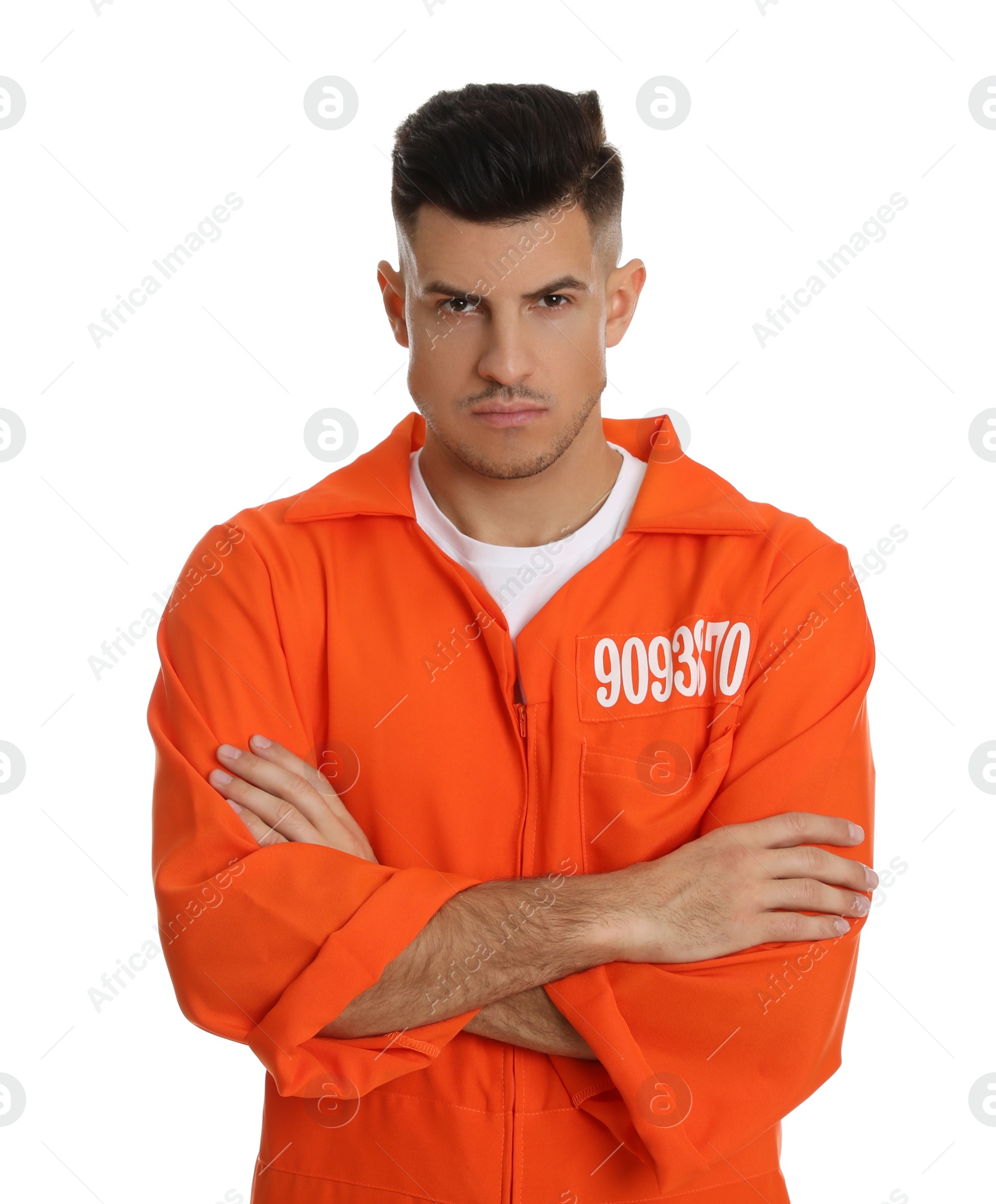 Photo of Prisoner in orange jumpsuit on white background