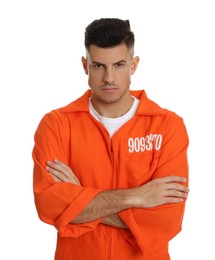 Photo of Prisoner in orange jumpsuit on white background