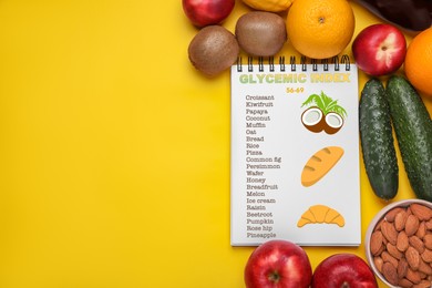 Information about grouping of products under their glycemic index in notebook, fruits, vegetables and almonds on yellow background, flat lay. Space for text