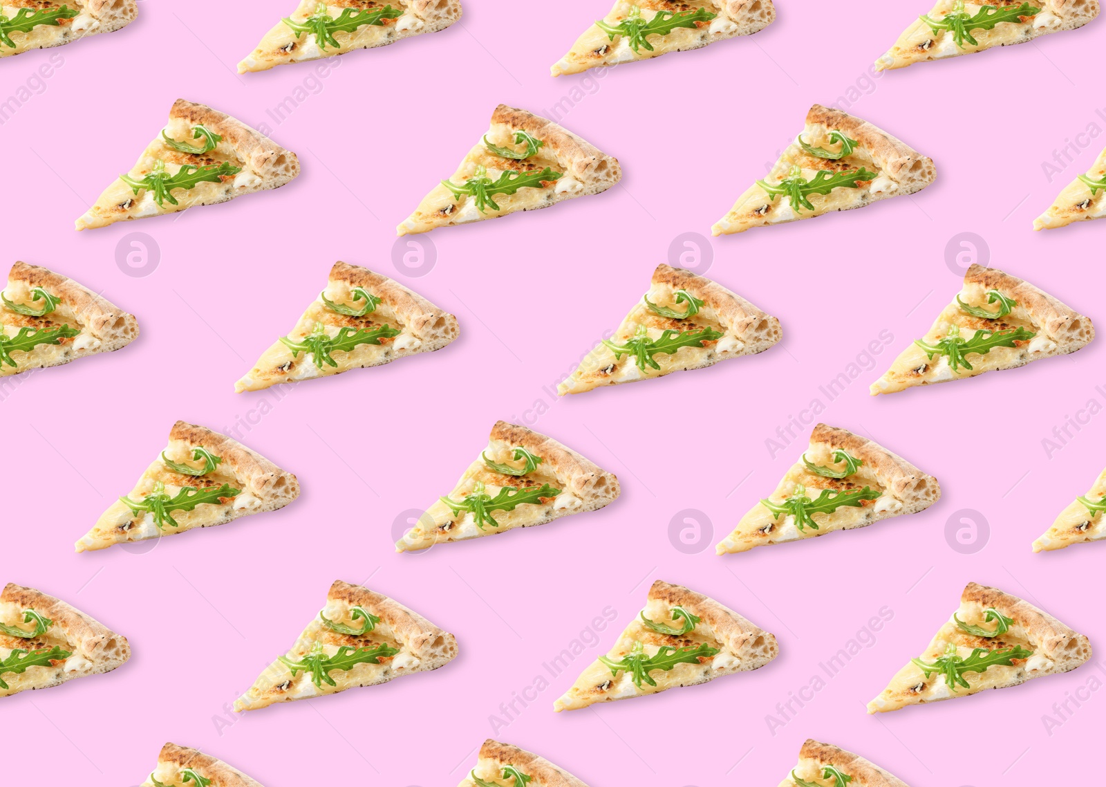 Image of Slices of delicious cheese pizzas on light pink background. Seamless pattern design