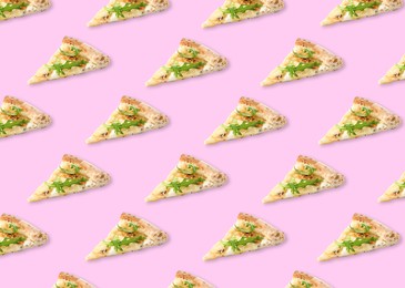 Image of Slices of delicious cheese pizzas on light pink background. Seamless pattern design